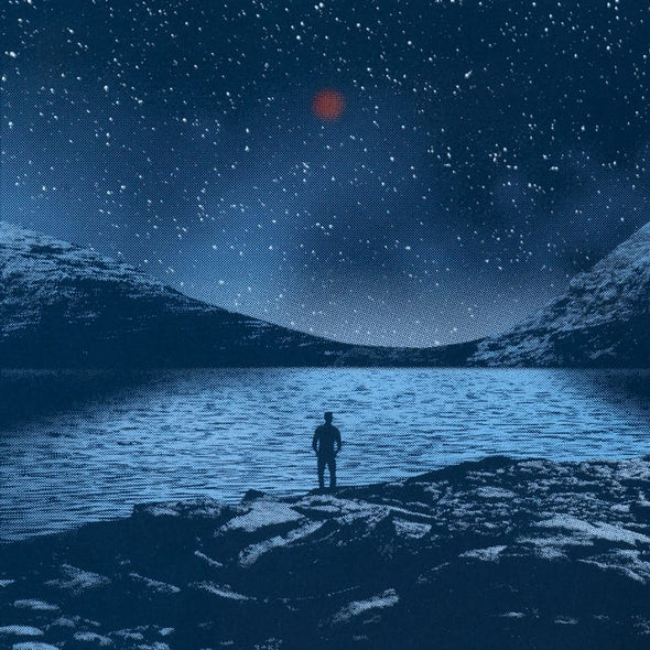 space illustration of a person standing on a rocky planet, looking out at calm water while a red moon glows in the starry sky