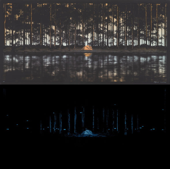 Not Alone: a screen printed illustration of an orange tent in the woods near a lake. The bottom half shows the print glowing in the dark. Glowing eyes appear in the woods.