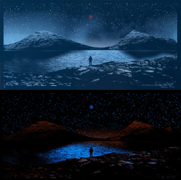 A screen printed illustration of a person standing on a blue planet looking out at a red planet in the sky. The bottom half shows the print glowing in the dark, where the person is standing on the red planet looking out at the blue one.
