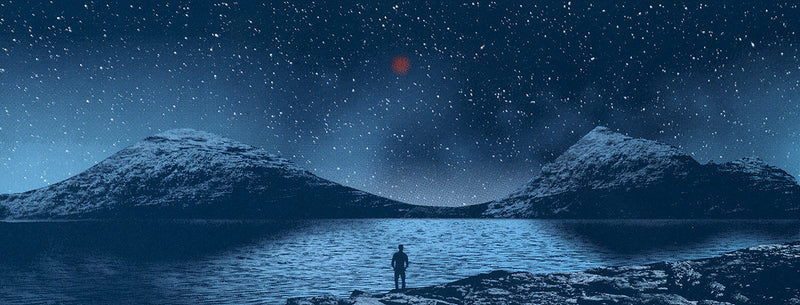 A space themed illustration by Arsenal Handicraft. A man stands on a blue planet. The terrain is rocky with a body of water. He is looking out at a red planet in the starry sky.