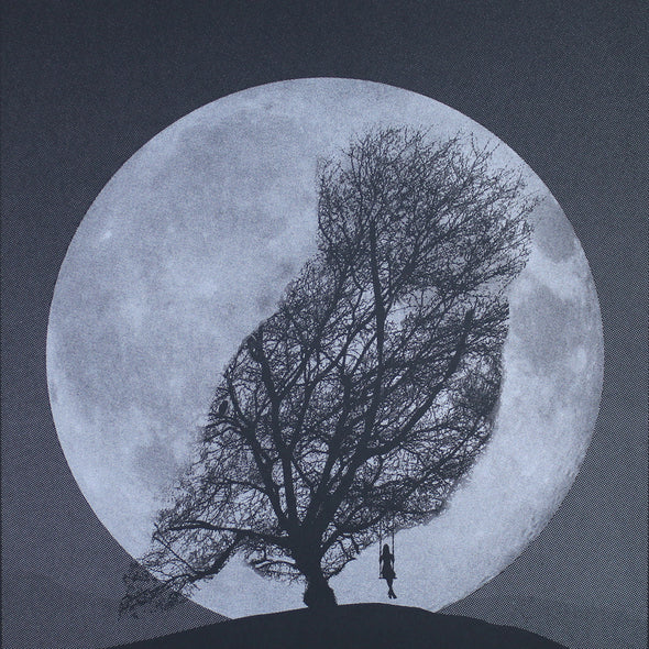 An illustration by Arsenal Handicraft of an owl shaped tree. A girl sits in a tree swing, silhouetted by a giant supermoon.