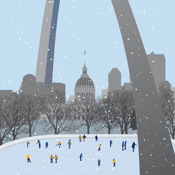 a winter scene of an outdoor ice rink with people skating under the St. Louis Gateway Arch