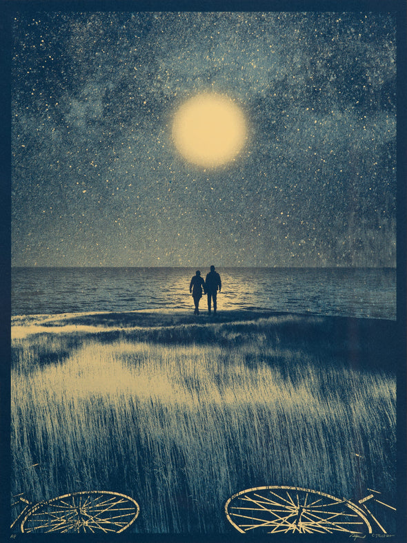 Stars & Handlebars: a couple stands on a beach, looking out over the water at the night sky. Two bicycles rest in the grass.