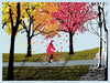 November Ride: a woman rides a red bike through colorful trees in autumn. Snow is ahead to show that winter is coming. 