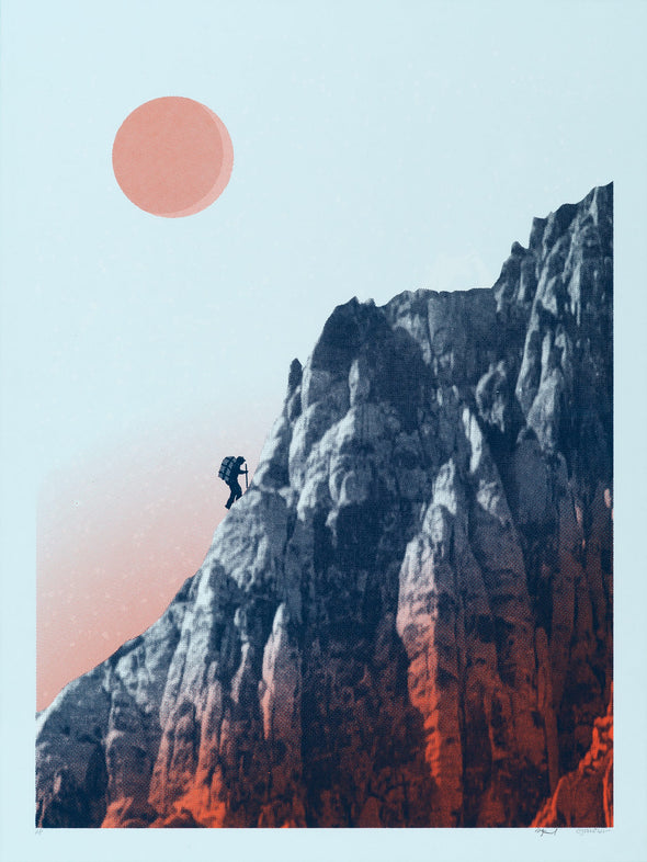 A screen printed illustration of a mountain climber wearing a backpack