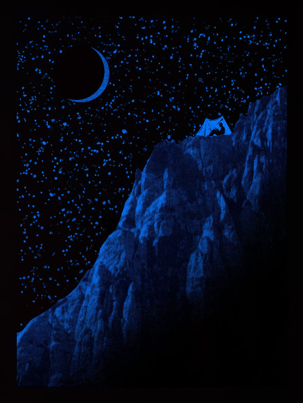 A glow in the dark screen print of a mountain climber inside of a tent at night