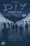Poster for the DIY Street Fair. People shop at art fair tents under a night sky.