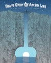 A screen printed gigposter for David Gray and Amos Lee's 2015 show in New York City at Radio City Music Hall. Two cliffs and the moon form a guitar shape, and a person walks on a bridge overhead.
