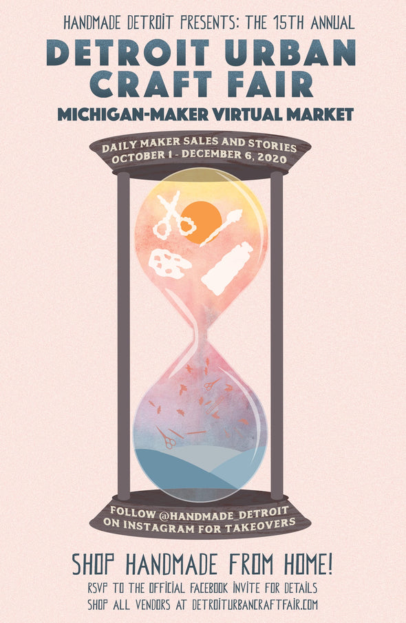 An illustration of an hourglass containing craft supplies is featured on a poster for the Detroit Urban Craft Fair