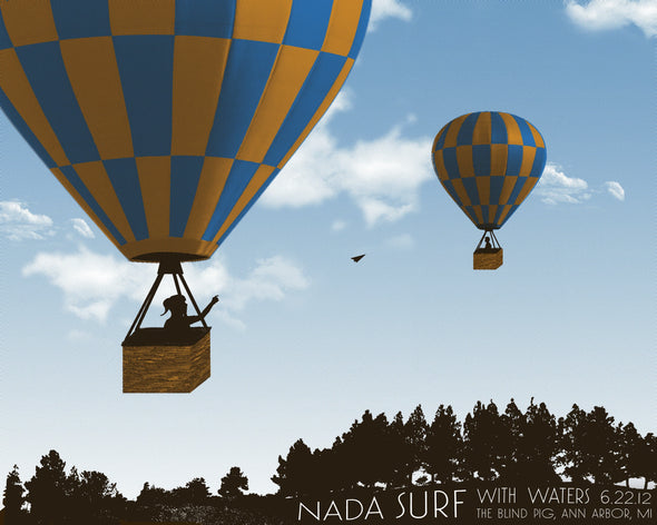 A screen printed gigposter for Nada Surf's 2012 show in Ann Arbor, Michigan. A girl in a hot air balloon sends a paper airplane to an oblivious boy in another balloon.