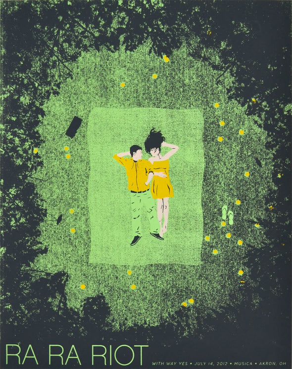A screen printed gigposter for Ra Ra Riot's 2012 show in Akron, Ohio. A couple wearing yellow lies on a picnic blanket surrounded by yellow wildflowers, a radio, and flip flops.