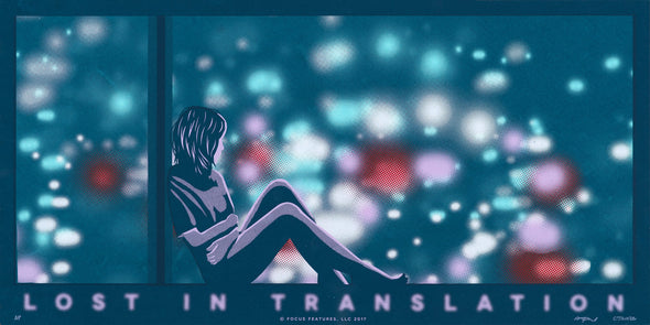 A screen printed illustration of Charlotte from the movie Lost in Translation. She sits in the window of her high rise hotel room, looking at the lights of Tokyo. 