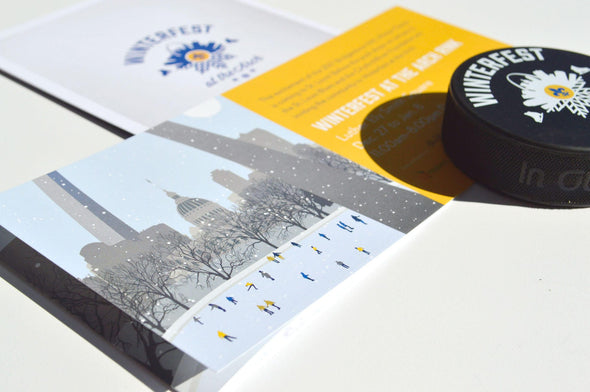 a print brochure and commemorative hockey puck for Winterfest at the Arch. It features an illustration of the outdoor skating rink.